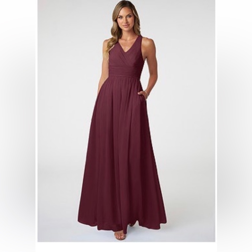 Azazie A-Line Pleated Chiffon Maxi Bridesmaid Dress Burgundy Size 2